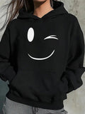 Women's Hoodie Cheerful Minimalist Line Art Featuring A Playful Winking Face Smile