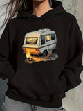 Women's Hoodie Night Campfire Scene With Vintage Camper Under Starlit Sky