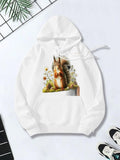 Women's Hoodie Wild Meadow With Sunlight Flowers And Curious Brown Furry Squirrel