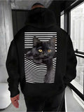 Men's Hoodie Bold Graphic With Optical Illusion Lines Surrounding A Mysterious Black Cat