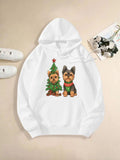 Women's Hoodie Festive Holiday Scene With Two Small Dogs And Christmas Tree