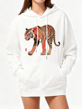 Women's Hoodie Bold Striped Tiger Walking Among Minimalist White Space Tiger