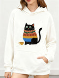Women's Hoodie Cozy Cartoon Cat With Patterned Sweater And Coffee Cup Hoodie