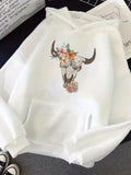 Men's Hoodie Wildflowers Blooming Among Vintage Skull Motif And Graceful Ox Head