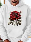 Men's Hoodie Vivid Deep Red Petals Gold Lined Leaves Blooming Rose