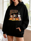 Women's Hoodie Whimsical Autumn Leaves With Books Pumpkins Hot Drink Squirrel