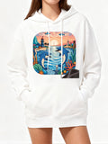 Women's Hoodie Vivid Coral Reef At Sunrise With Dolphins Among Tropical Waves Ocean