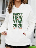 Women's Hoodie Happy New Year 2026 Festive Ornaments With Decorative Letters Greeting Hoodie
