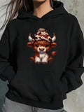 Women's Hoodie Fluffy Highland Calf Wearing Cozy Patterned Winter Hat Surrounded By Soft Fur Calm Atmosphere Calf