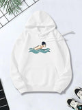 Women's Hoodie Minimalist Artistic Waves With A Swimmer In Motion Hoodie