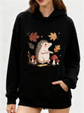 Women's Hoodie Autumn Leaves With Mushrooms And Playful Hedgehog
