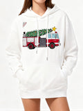 Women's Hoodie Festive Holiday Tree On A Bright Red Fire Truck With Star Decoration