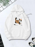 Women's Hoodie Adorable Calico Cat With Playful Tail On Soft White Hoodie Cat