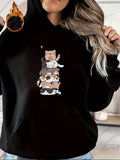 Women's Hoodie Playful Cartoon Style Snuggling Cats Stacked Softly Together Cat