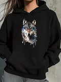 Women's Hoodie Watercolor Brush Strokes With Blue Accent Majestic Grey Wolf