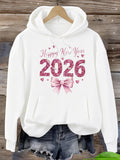 Women's Hoodie Happy New Year Glittering Pink Hearts With Decorative Bow 2026