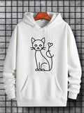 Men's Hoodie Minimalist Line Drawing With Heart Shaped Tail Playful Sitting Cat