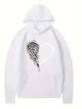 Men's Hoodie Hand Sketched Feathery Wing With Delicate Outlined Heart Drawing