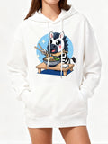 Women's Hoodie Adorable Cartoon Zebra Eating Noodles At Table Under Blue Sky