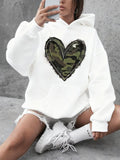 Women's Hoodie Distressed Camouflage Heart Patterned White Hoodie