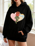 Women's Hoodie Blossoming Red Rose With Colorful Heart Shaped Background Hoodie