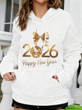 Women's Hoodie Happy New Year With Gold Bow And Festive Ornament 2026