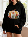 Women's Hoodie Autumn Harvest With Painted Floral Stripes And Blooming Pumpkin