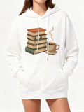 Women's Hoodie Steaming Hot Coffee Among Stacked Antique Vintage Hardcover Classic Books
