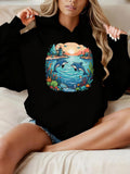 Women's Hoodie Bright Sunset Reflections With Colorful Ocean Life And Gentle Swimming Dolphins