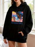 Women's Hoodie Summer Vibes Vibrant Palm Trees With Ocean And Pink Sunset
