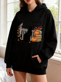 Women's Hoodie Autumn Leaves With Pumpkins Books And Black Cat