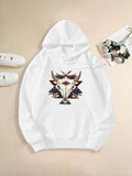 Women's Hoodie Geometric Tribal Pattern With Ornamental Motifs Framing Animal Skull