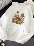 Men's Hoodie Colorful Flowers With Garden Foliage Surrounding Proud Rooster Standing Calmly