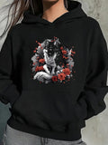 Women's Hoodie Red Blossoms Among Dark Shadows With Fierce Wolf Resting Quietly Wolf