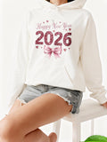 Women's Hoodie Happy New Year 2026 Glittering Hearts With Festive Bow Decoration