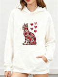 Women's Hoodie Floral Pattern Sitting Cat With Cascading Red Hearts Cat