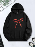 Women's Hoodie Shiny Red Ribbon Bow On Midnight Black Hoodie