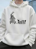 Men's Hoodie Minimalist Cartoon Drawing Of People Dancing Playfully Outside Cozy House