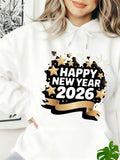 Women's Hoodie Happy New Year 2026 Festive Stars And Celebration With Gold Ribbon