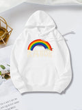 Women's Hoodie Vivid Rainbow Arc With Puffy Clouds And Sunlight Over White Hoodie