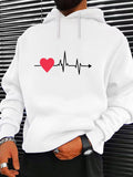 Men's Hoodie Heartbeat Line With Red Love Heart Motif On Clean White Hoodie