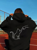Women's Hoodie Minimalist Line Art With Playful Cat Reaching Gently For A Human Hand Cat
