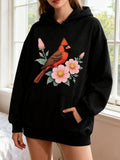 Women's Hoodie Vivid Cardinal Bird Among Blossoming Flowers Petals And Lush Green Leaves Cardinal