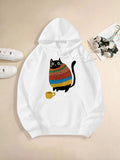 Women's Hoodie Cozy Striped Sweater Cat With Yellow Mug Under Soft Light Cat