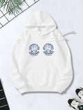 Women's Hoodie Artistic Blue Shells With Intricate Wave Patterns On White Hoodie Shell