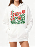 Women's Hoodie Red Blossoms With Green Leaves Among Delicate Petals Flower
