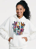 Women's Hoodie Colorful Butterflies And Dripping Paint Over Grunge Skull