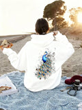Women's Hoodie Shimmering Blue Feathers With Delicate Accents Resting Elegant Peacock