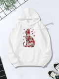 Women's Hoodie Floral Patterned Cat Surrounded By Floating Pink Hearts Cat