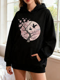 Women's Hoodie Nighttime Pink Blossoms With Birds Flying Amid Full Moon Tree